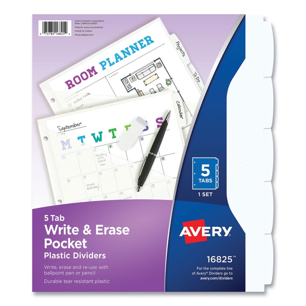 Avery 5-Tab 11.13 in. x 9.25 in. Write and Erase Durable Plastic Dividers with Straight Pocket - White (1-Set)